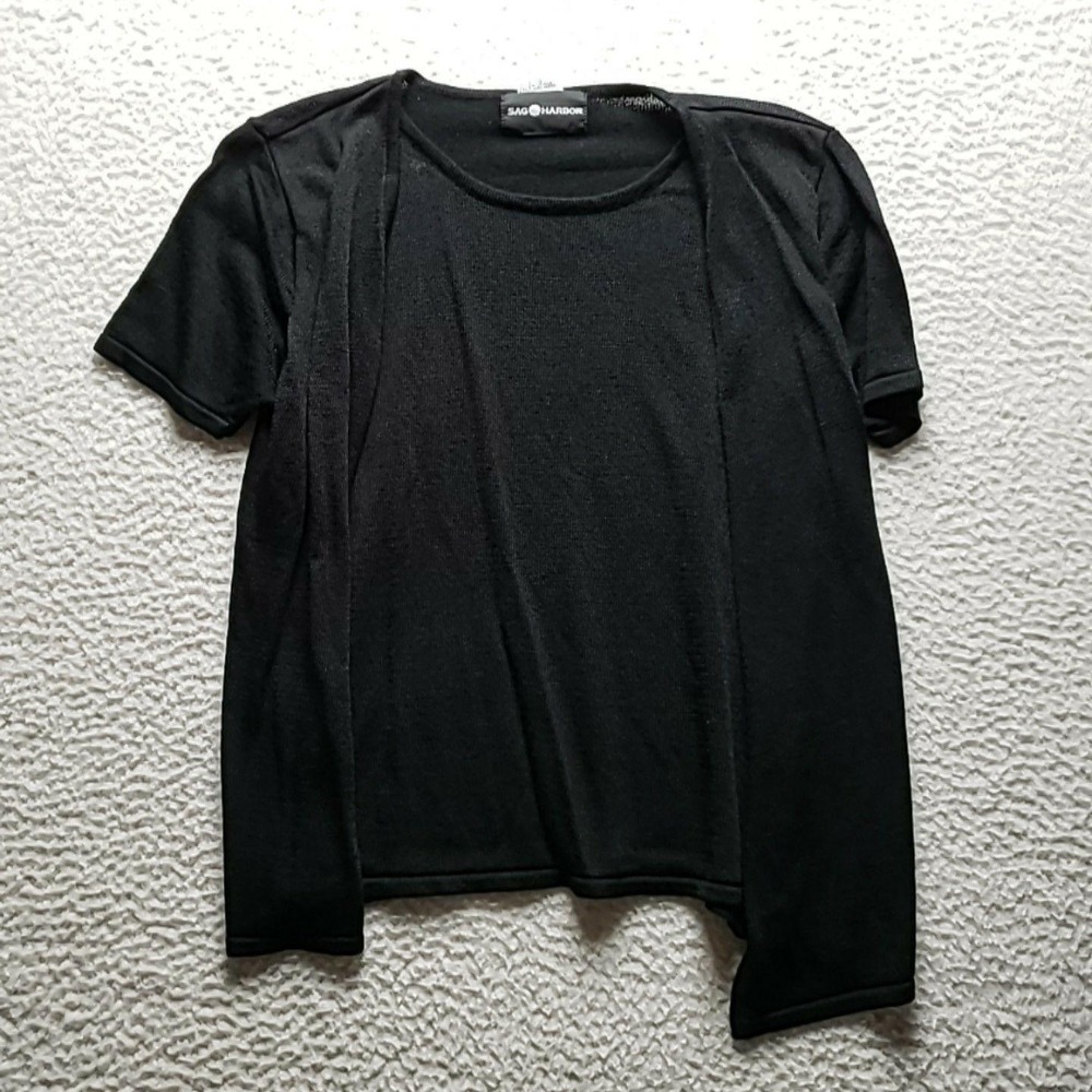 Sag Harbor Cardigan Sweater Womens Small Black Crew Neck Short Sleeve Open Front